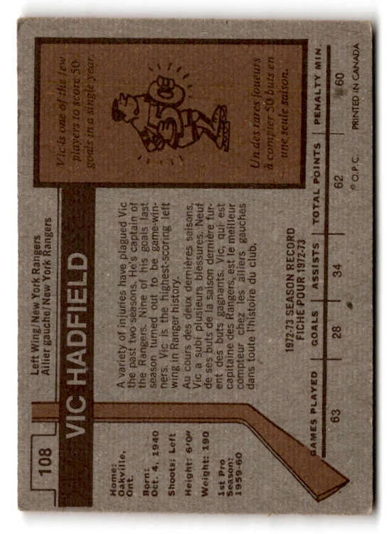 1973-74 O-Pee-Chee #108 Vic Hadfield (ref 205719) - Image 2 of 2