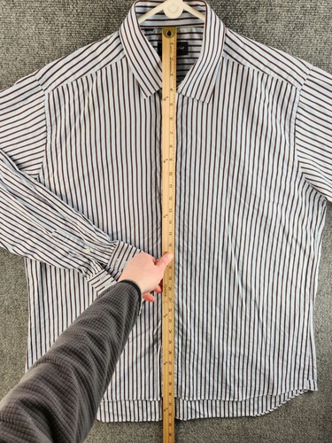 David Donahue Size 17.5 36/37 Button Up Shirt Men Cotton Striped Blue Brown - Picture 2 of 20