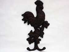 Cast Iron Wall Rooster, Chicken, Double Hook in Rustic Brown