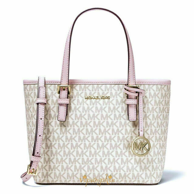 MICHAEL KORS JET SET TRAVEL XS ZIP CROSSBODY TOTE BAG MK VANILLA PINK  SIGNATURE