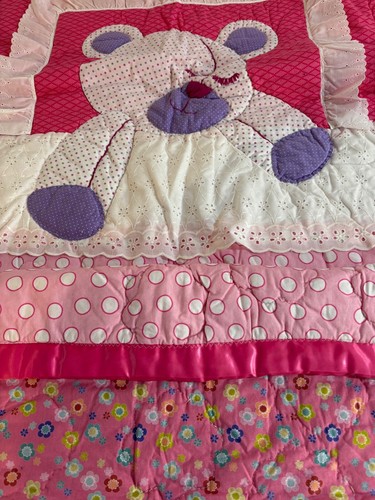 Handmade Baby/Toddler Pink Quilt with Purple White Bear Lace ruffle 40 X 58 in - Picture 3 of 6