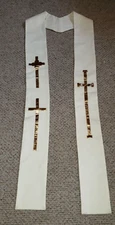CLERGY STOLE PRIEST VESTMENT CREAMY WHITE W/GOLD CROSSES VERY LONG IMPERFECT