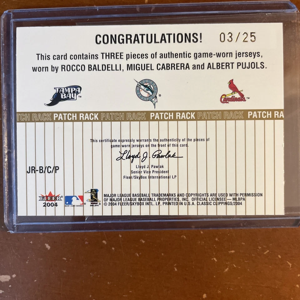 Fleer Classic Clipings Pujols Cabrera Baldelli 2004 parche 3/25 Foto 2 de 2