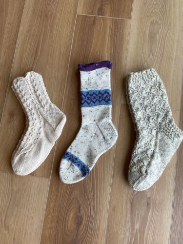 New Warm Hand Knitted Wool Blend Socks Lot Of 3 Size 9-9.5