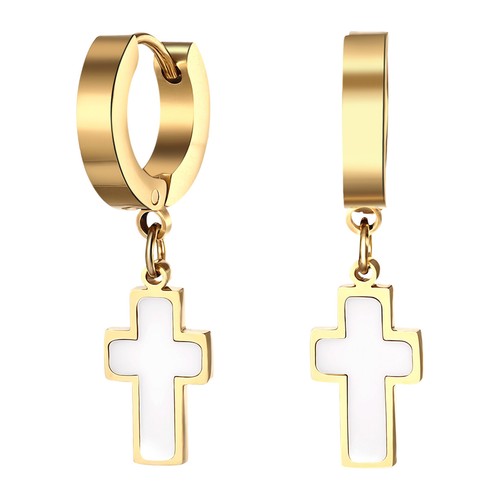 Men's Women's Cross Shell Dangle Earrings Stainless Steel Hinged Hoop Earrings - Picture 4 of 27