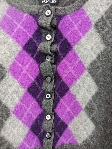 Argyle Cashmere Cardigan Sweater Child Girls Large Purple Gray Ruffle Button - Picture 2 of 8