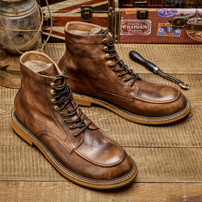 Retro American Style Lace Up Real Leather Mens Ankle Boots Motorcycle Work Shoes