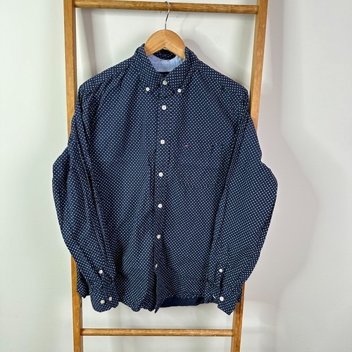 Tommy Hilfiger Button Down Shirt Mens Medium Navy Blue Polka Dot Long Sleeve