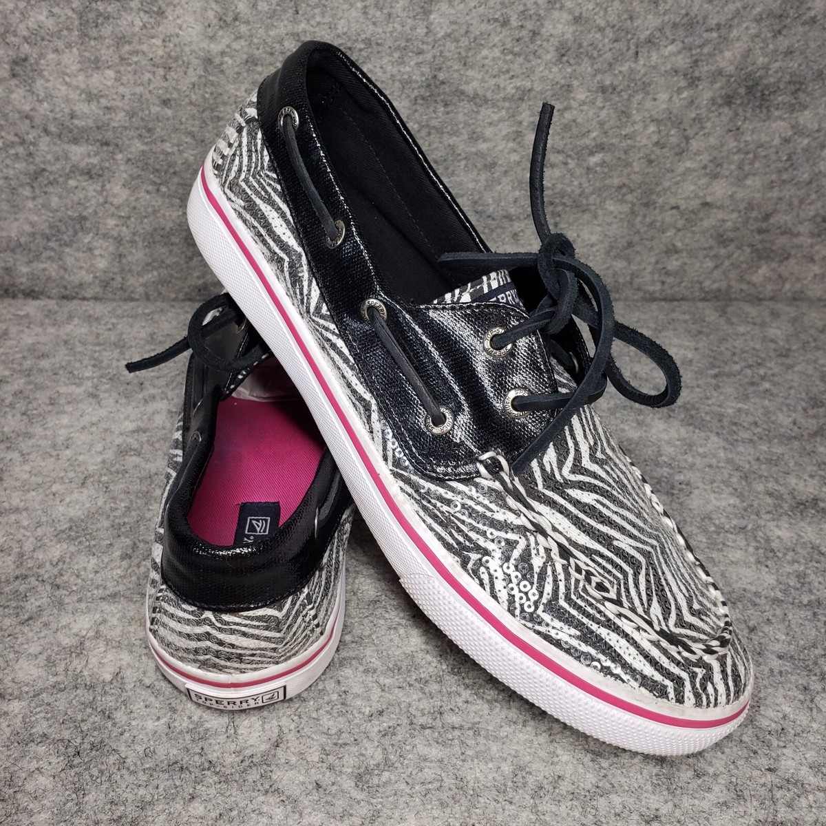 Sperry Top-Sider Bahama Womens Size Zebra Pink Stripe Sequin Eye Boat  Shoes