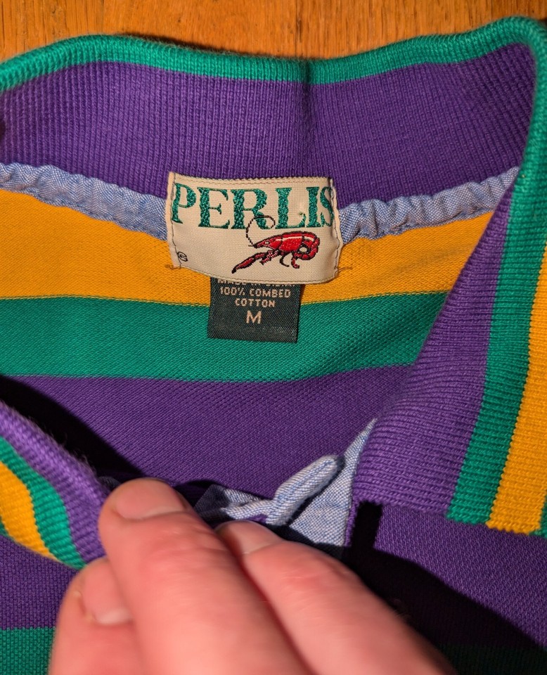 Vintage Perlis Crawfish New Orleans Stripe Mardi Gras Mens M Polo Shirt USA Made eBay