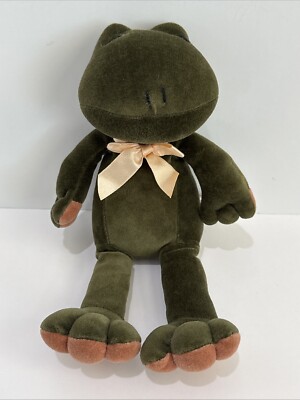 Vtg 1993 Manhattan Toy Co Dark Green Velvet Sleeping Frog Small 10  Plush Bow