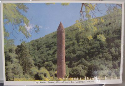 Irish Postcard GLENDALOUGH Round Tower w Leaves Co Wicklow Ireland Cardall 131