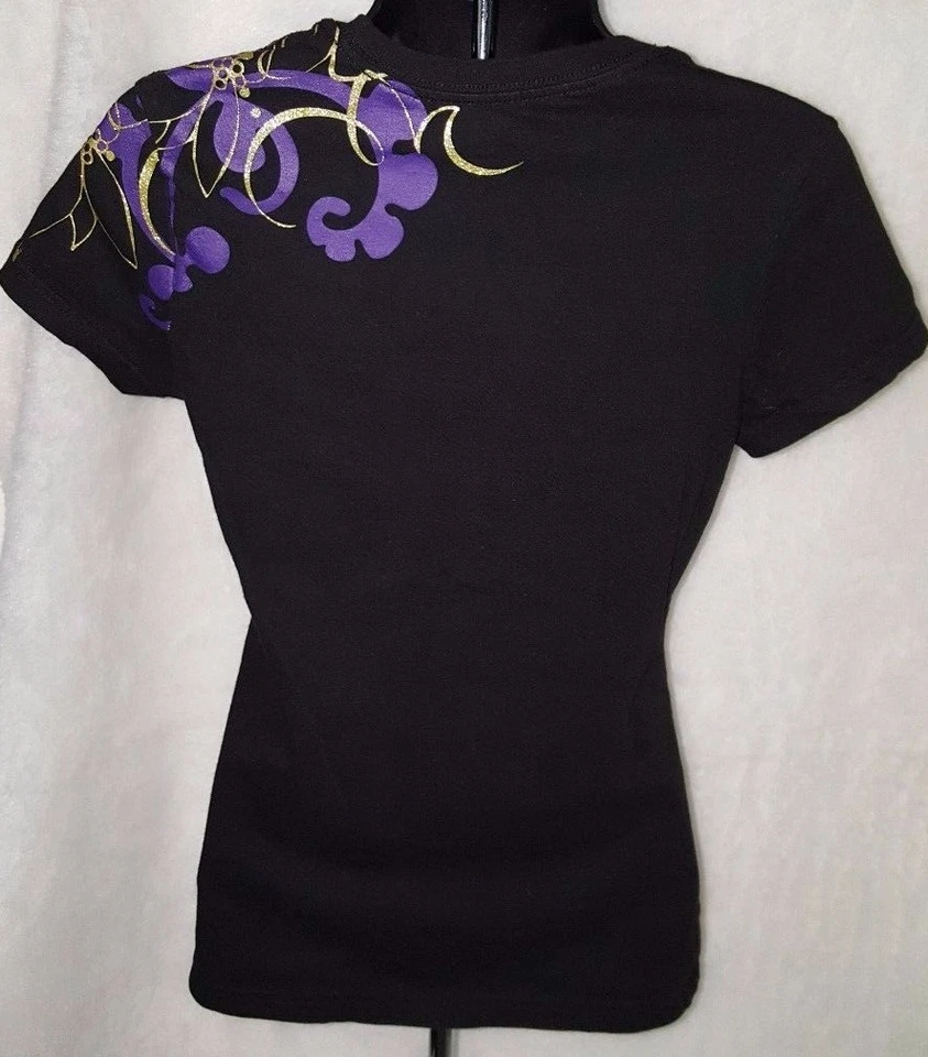 Camisa Blusa Danskin Now Mujer Talla S Pequeña 4/6 Negra Púrpura Dorada Floral Foto 4 de 4