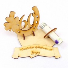 Geldgeschenk Diamantene Hochzeit 60 Hufeisen Herz mit Namen des Brautpaares Holz