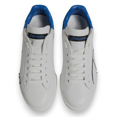 DOLCE & GABBANA Shoes White Blue Leather Logo Low Top Sneakers