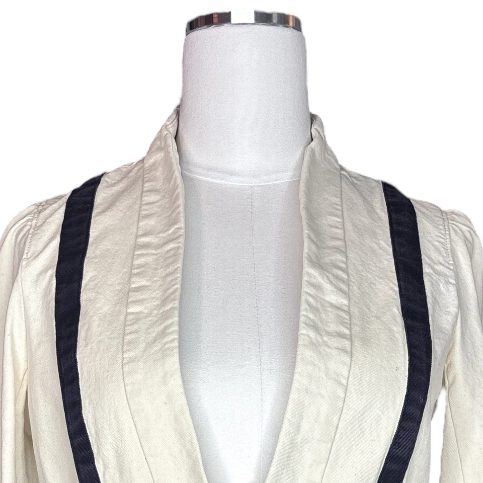 Blazer Ann Taylor LOFT Mujer 4 Crema Azul Marino Borde Un Botón Algodón Chaqueta Preppy Foto 4 de 4