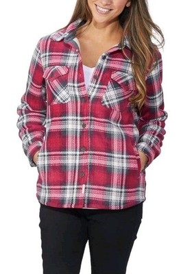 Soho Threads Plush Sherpa Lined Plaid Button Up Fleece Shirt Jacket Pink Gray  M