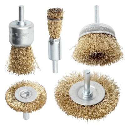 Brass-Coated Wire Brush Set   Wheel, Cup & End Brushes with 1/4'' Hex