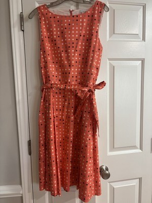 L.L. Bean Signature Orange Polka Dot Sleeveless Belted Fit & Flare Dress 12