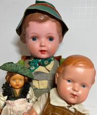 3 Vintage Celluloid Tyrolian Dolls, 1940's - 1960's Germany 14", 10", 6"