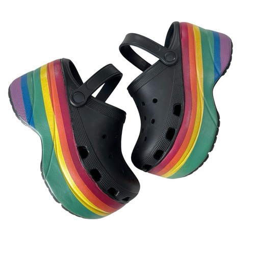 Schwarze klobige Plateau-Slipper Kroko-Sandalen Regenbogen Damen 7 LGBT Pride