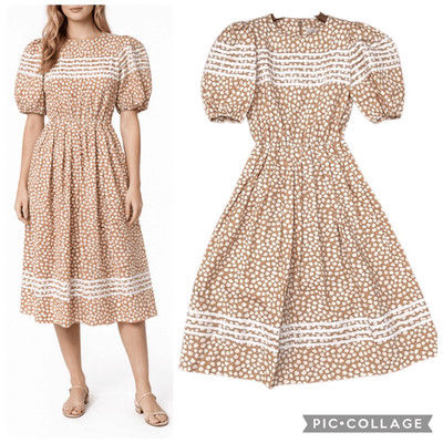 Vintage Richard Warren Montaldo s Prairie Cottage Dress Tan Polka Puff Sleeve 4