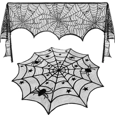 Round Lace Table Topper Black Spider Tablecloth and Fireplace Spider Decorations