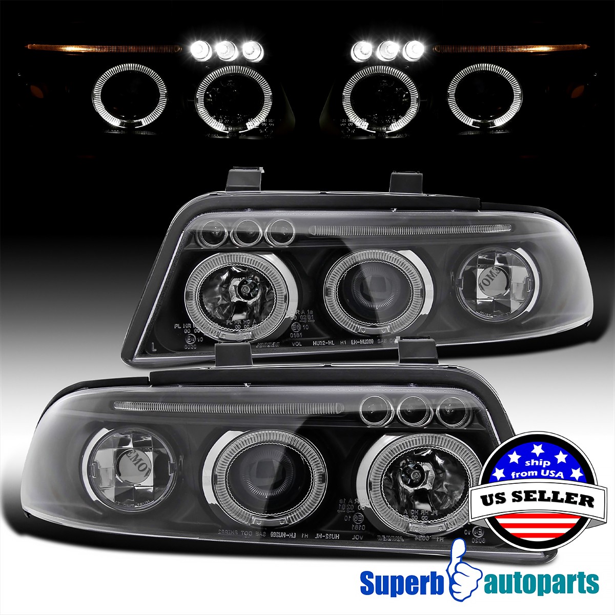 Fits 1999-2001 Audi A4 S4 Dual Halo Projector Headlight LED Bar Lamps Black