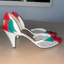 Susan Bennis Warren Edwards Vintage Heels Sz 7 White Leather, Mesh Floral Detail