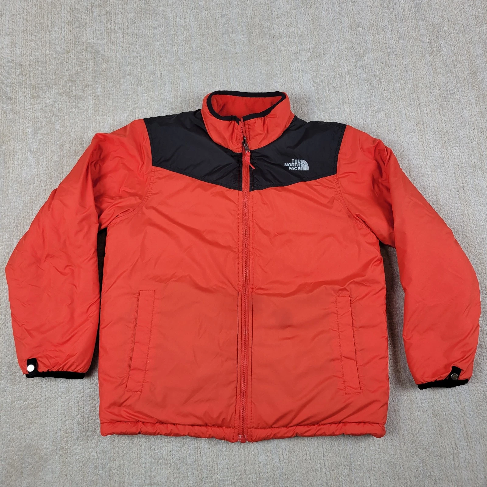 The North Face Puffer Jacket Youth Boys L Orange Full Zip Reversible Insulated
