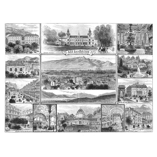 AIX-LES-BAINS Views; Casino, Lake of Bourget, Local Buildings-Antique Print 1887
