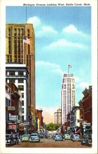Michigan Avenue Looking West, BATTLE CREEK, Michigan Linen Postcard