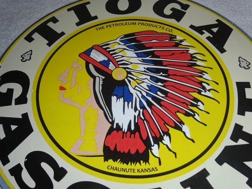 VINTAGE "TIOGA INDIAN CHIEF GASOLINE" 11 3/4" PORCELAIN METAL PETROLEUM OIL SIGN