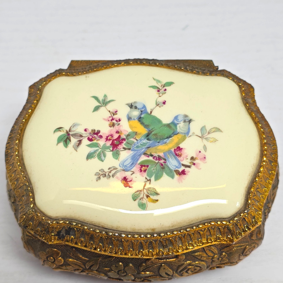 Gold-tone filigree trinket box with bluebird motifs made in Japan — delicate metalwork like this simply isn't manufactured this way anymore.