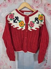 Vintage 1992 The Eagle's Eye Floral Cardigan Sweater Red Knit Girls Size M 10-12