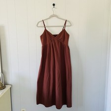 SHEIN Brown Solid V-Neck Smocked Pocket Woven Cotton Midi Sundress Size L