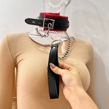 Neck Collar PU Leather BDSM Bondage Restraint Chain Harness Roleplay for Couples
