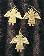 Vtg Jeep Collins Gold Tone Brass Angel w/ Halo Dangle Drop Earrings & Pendant