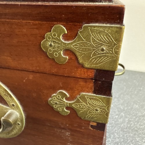 Oriental/Asian Rosewood & Brass Jewelry Box Chest 2 Red Lined Drawers 12x8x8 - Picture 18 of 18