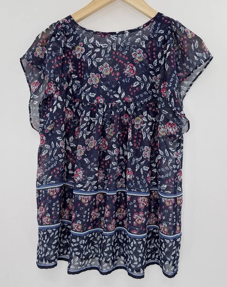GAP Tie Neck Sheer Chiffon Blue Floral Flutter Sleeve Blouse Sz L Preppy Boho - Image 2 of 4