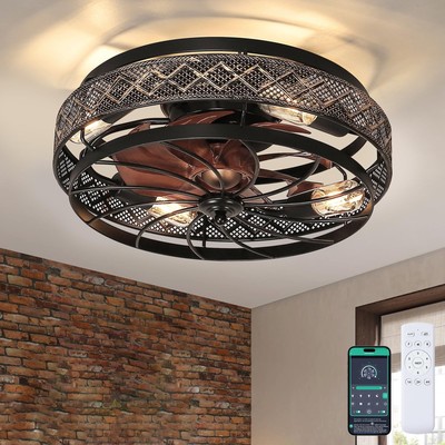 18'' Low Profile Caged Ceiling Fans with Lights and Remote, Flush Mount Ceilin...