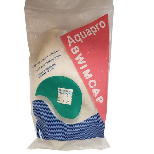 Vintage NOS Elfenbein Gummi Schwimmen Badekappe Aquapro Neu in Verpackung mit Riemen Jacquard 5155W