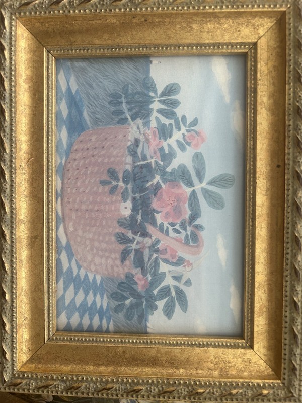 Vintage Framed Pink Rose Basket Needlework Print Gold Frame
