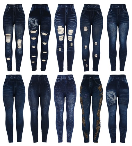 New Womens Stretchy Thick Denim Print 