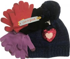 Cat  Jack Girl's Winter Set 3pr Gloves  Beanie Cap w/Flip Sequin Heart PomPom