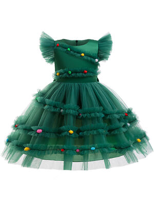 Girls Christmas Tree Frilly Dress Wedding Santa Claus Costume Flying Sleeve  | eBay
