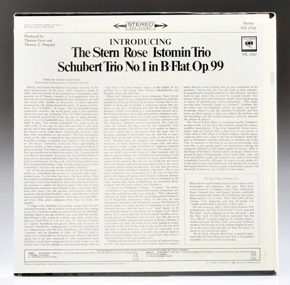 Schubert Trio No. 1 In B-Flat, Op. 99 Columbia Masterworks MS 6716 1965 Sealed - Image 2 of 2