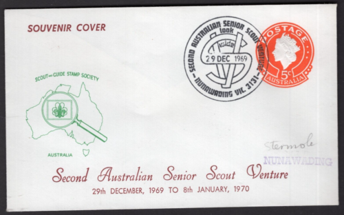 Australia 1969 5c QEII Embossed Senior Scout Venture NUNAWADING Special Cover - Afbeelding 1 van 2