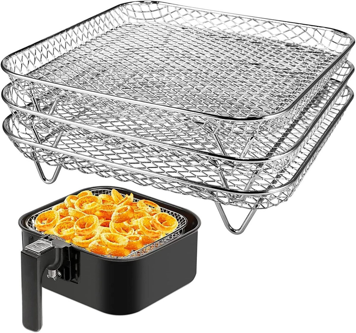 3-Layer Air Fryer Stackable Rack, 304 Stainless Steel Basket Tray