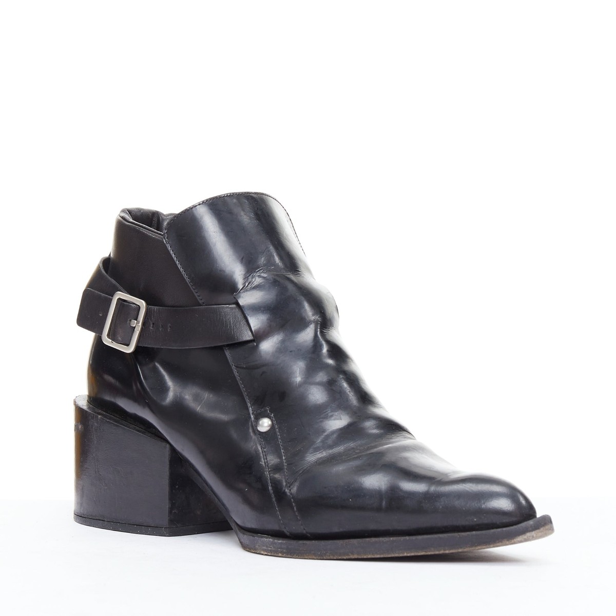 JIL SANDER black leather silver buckle block heel ankle JIL SANDER black leather silver buckle block heel ankle